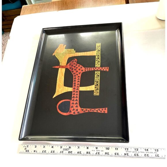 Vtg Couroc of Monterey Rectangular Black Tray Egyptian-Inspired Inlay 18"x12" - Picture 6 of 8
